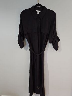 Topshop Black Midi Shirt Dress with Tie Waist Size 8